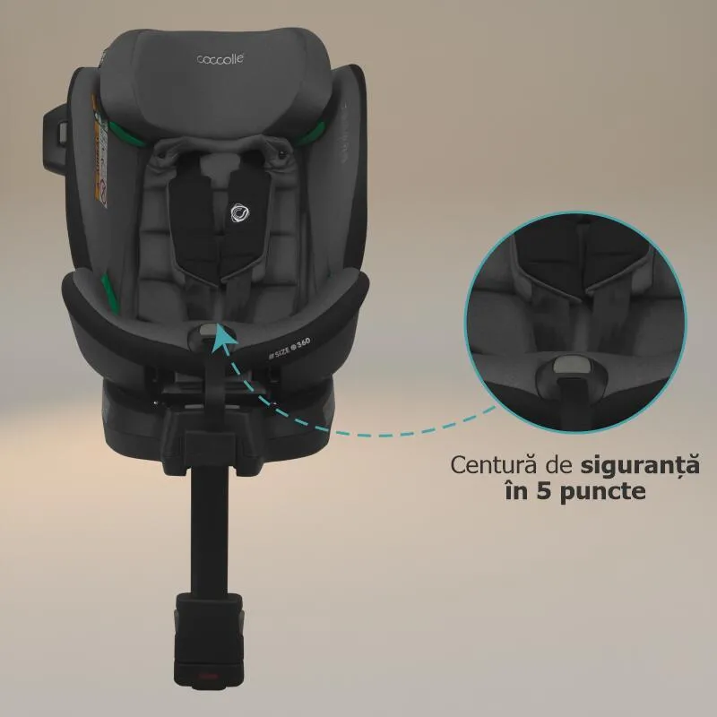 Scaun auto iSize Coccolle Mago Premium, cu picior de fixare, Isofix, 40-150 cm, 0-36 kg, Rotire 360 grade, Tetiera reglabila, Pozitie somn, Protectie impact lateral, Bara recul, Neutral Grey