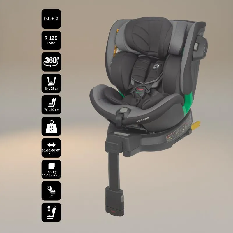 Scaun auto iSize Coccolle Mago Premium, cu picior de fixare, Isofix, 40-150 cm, 0-36 kg, Rotire 360 grade, Tetiera reglabila, Pozitie somn, Protectie impact lateral, Bara recul, Neutral Grey