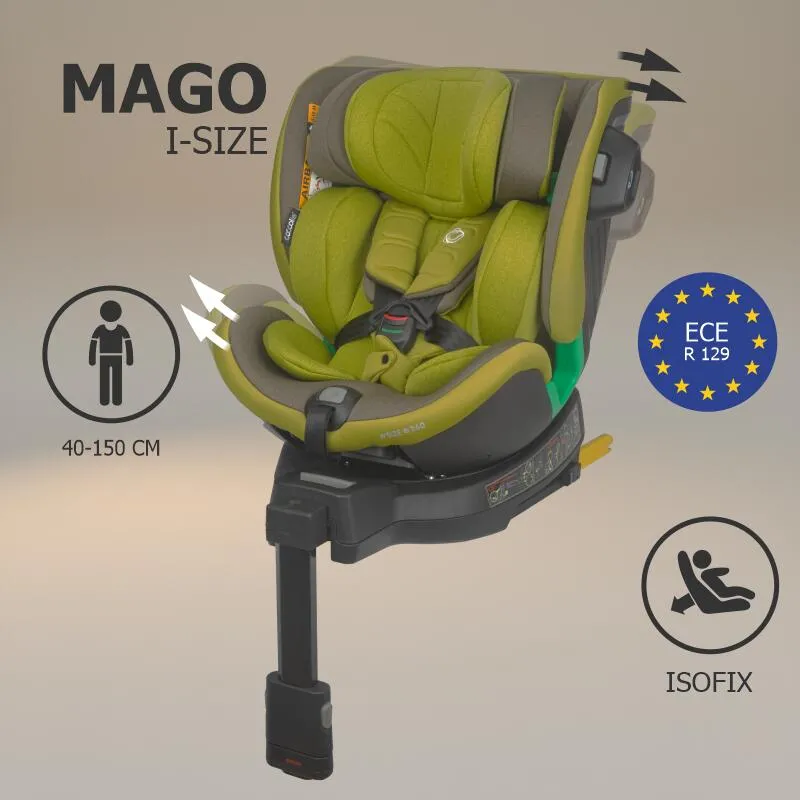Scaun auto iSize Coccolle Mago Premium, with support leg, Isofix, 40-150 cm, 0-36 kg, 360° rotation, Adjustable headrest, Pozitie somn, Side-impact protection, Anti-rebound bar, Olive Khaki