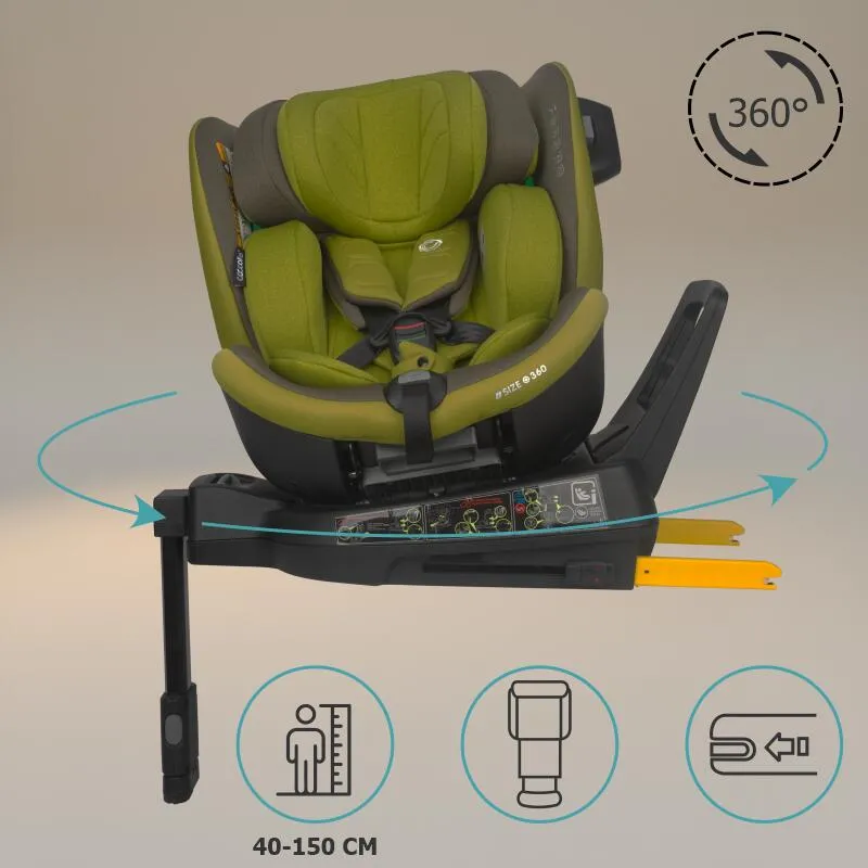 Scaun auto iSize Coccolle Mago Premium, with support leg, Isofix, 40-150 cm, 0-36 kg, 360° rotation, Adjustable headrest, Pozitie somn, Side-impact protection, Anti-rebound bar, Olive Khaki