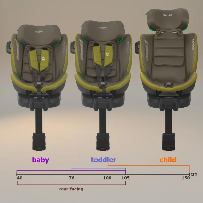 Scaun auto iSize Coccolle Mago Premium, with support leg, Isofix, 40-150 cm, 0-36 kg, 360° rotation, Adjustable headrest, Pozitie somn, Side-impact protection, Anti-rebound bar, Olive Khaki