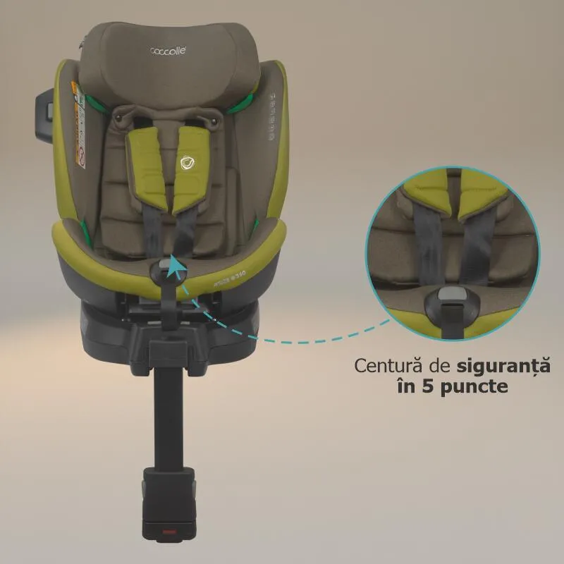 Scaun auto iSize Coccolle Mago Premium, with support leg, Isofix, 40-150 cm, 0-36 kg, 360° rotation, Adjustable headrest, Pozitie somn, Side-impact protection, Anti-rebound bar, Olive Khaki