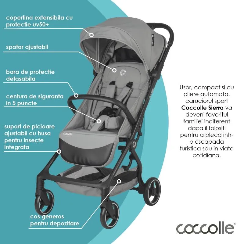 Sport stroller Coccolle Sierra with ultra-compact automatic folding, IATA carry-on compatible, Aluminium frame, Pozitie somn, Extendable canopy, Insect net, Sierra Greystone