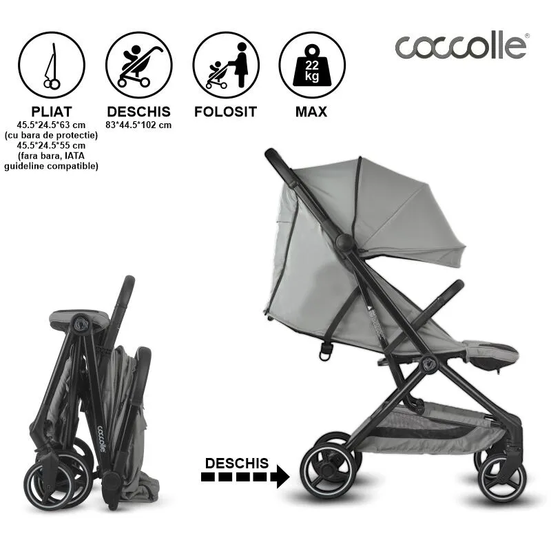 Sport stroller Coccolle Sierra with ultra-compact automatic folding, IATA carry-on compatible, Aluminium frame, Pozitie somn, Extendable canopy, Insect net, Sierra Greystone