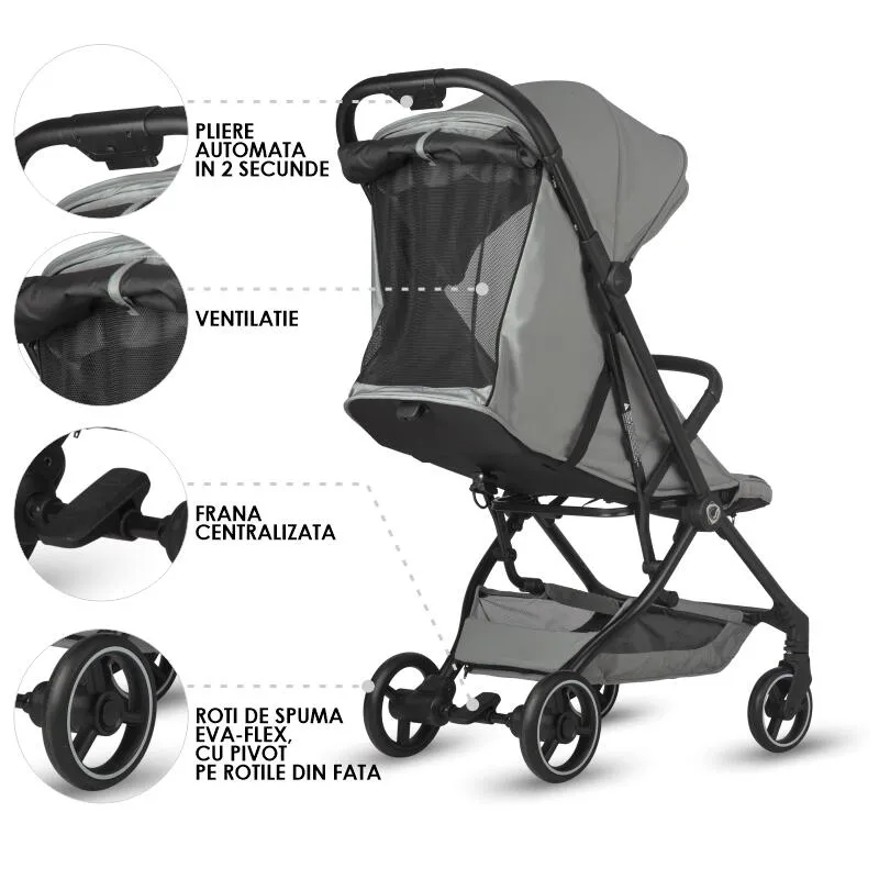 Sport stroller Coccolle Sierra with ultra-compact automatic folding, IATA carry-on compatible, Aluminium frame, Pozitie somn, Extendable canopy, Insect net, Sierra Greystone