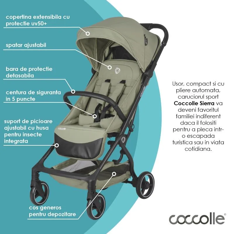 Sport stroller Coccolle Sierra with ultra-compact automatic folding, IATA carry-on compatible, Aluminium frame, Pozitie somn, Extendable canopy, Insect net, Sage Green