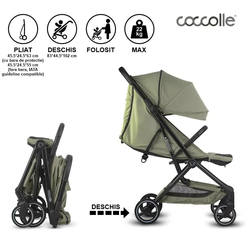 Sport stroller Coccolle Sierra with ultra-compact automatic folding, IATA carry-on compatible, Aluminium frame, Pozitie somn, Extendable canopy, Insect net, Sage Green