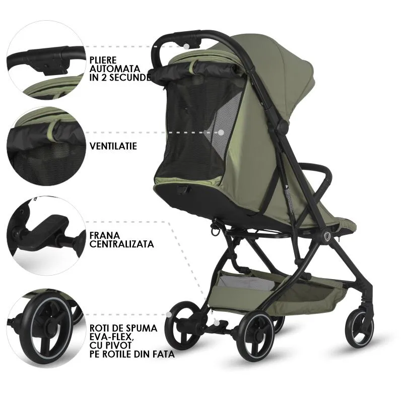 Sport stroller Coccolle Sierra with ultra-compact automatic folding, IATA carry-on compatible, Aluminium frame, Pozitie somn, Extendable canopy, Insect net, Sage Green