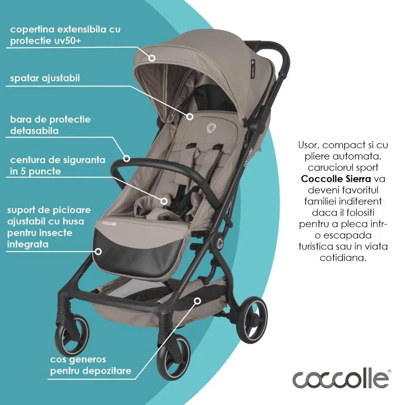 Sport stroller Coccolle Sierra with ultra-compact automatic folding, IATA carry-on compatible, Aluminium frame, Pozitie somn, Extendable canopy, Insect net, Taupe Brown