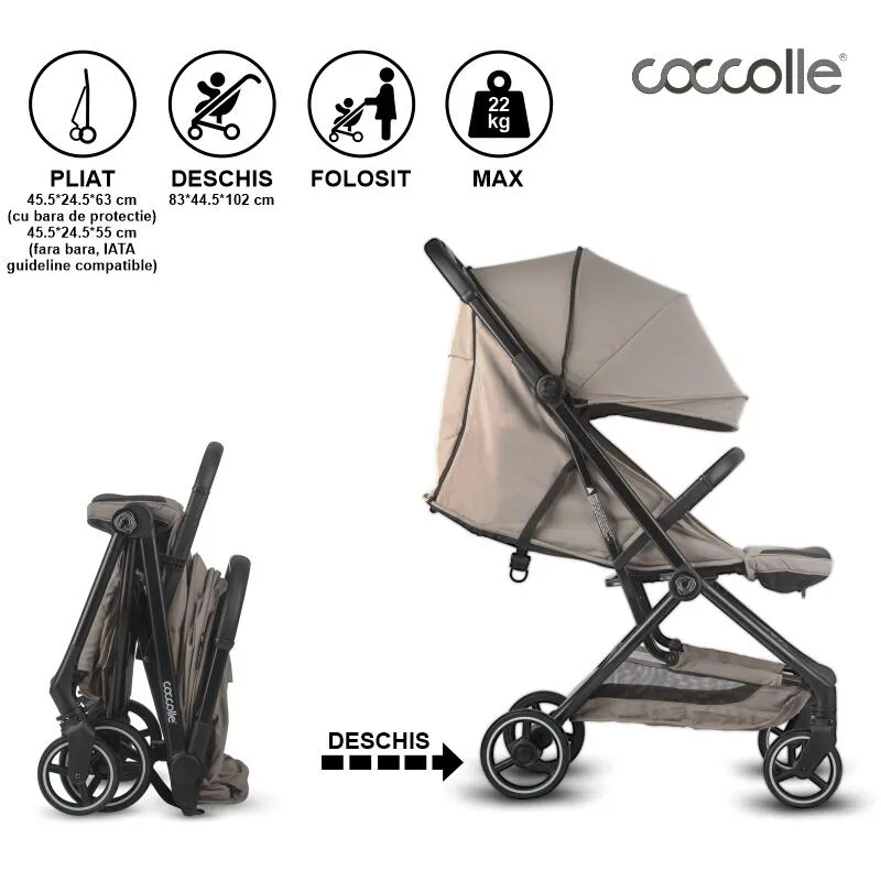 Sport stroller Coccolle Sierra with ultra-compact automatic folding, IATA carry-on compatible, Aluminium frame, Pozitie somn, Extendable canopy, Insect net, Taupe Brown