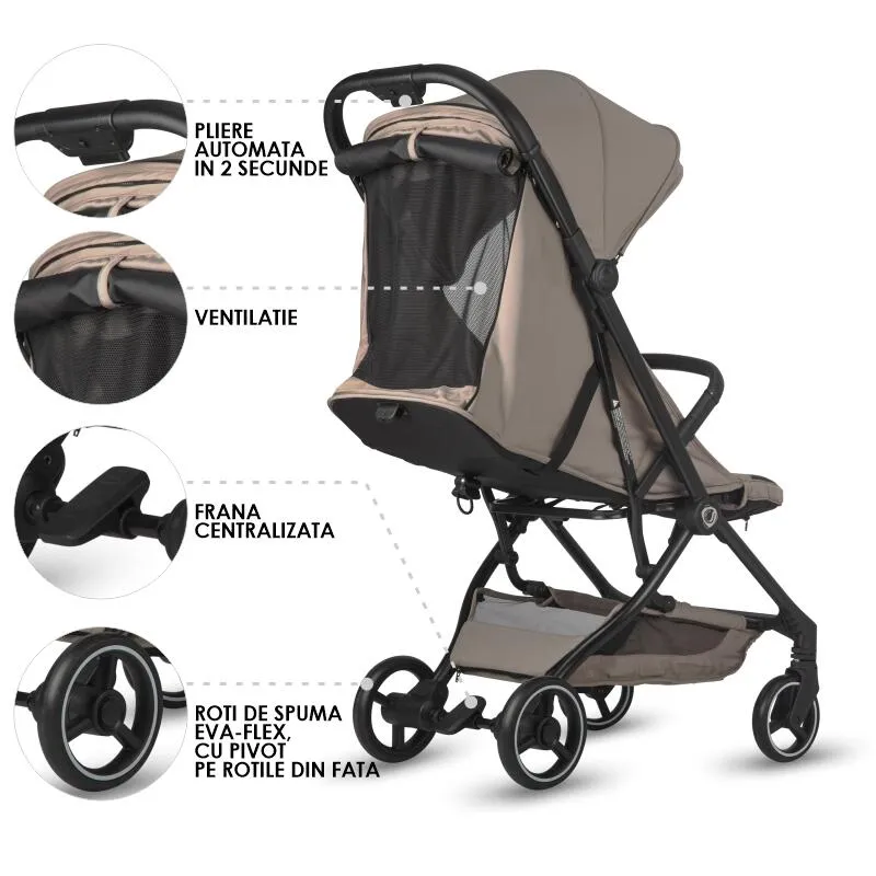 Sport stroller Coccolle Sierra with ultra-compact automatic folding, IATA carry-on compatible, Aluminium frame, Pozitie somn, Extendable canopy, Insect net, Taupe Brown