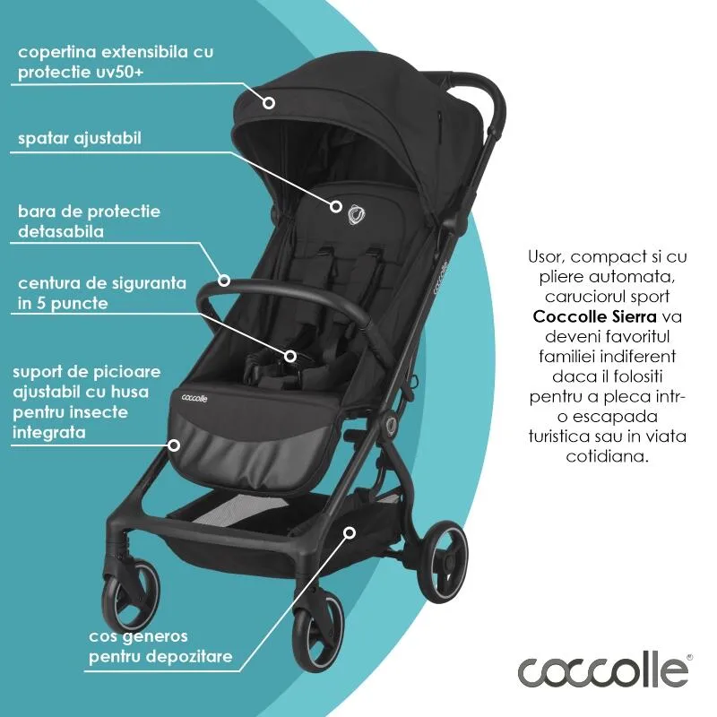 Sport stroller Coccolle Sierra with ultra-compact automatic folding, IATA carry-on compatible, Aluminium frame, Pozitie somn, Extendable canopy, Insect net, Diamond Black
