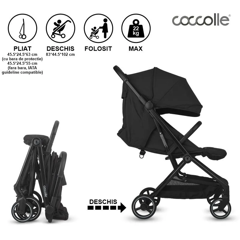 Sport stroller Coccolle Sierra with ultra-compact automatic folding, IATA carry-on compatible, Aluminium frame, Pozitie somn, Extendable canopy, Insect net, Diamond Black