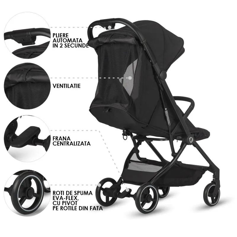 Sport stroller Coccolle Sierra with ultra-compact automatic folding, IATA carry-on compatible, Aluminium frame, Pozitie somn, Extendable canopy, Insect net, Diamond Black