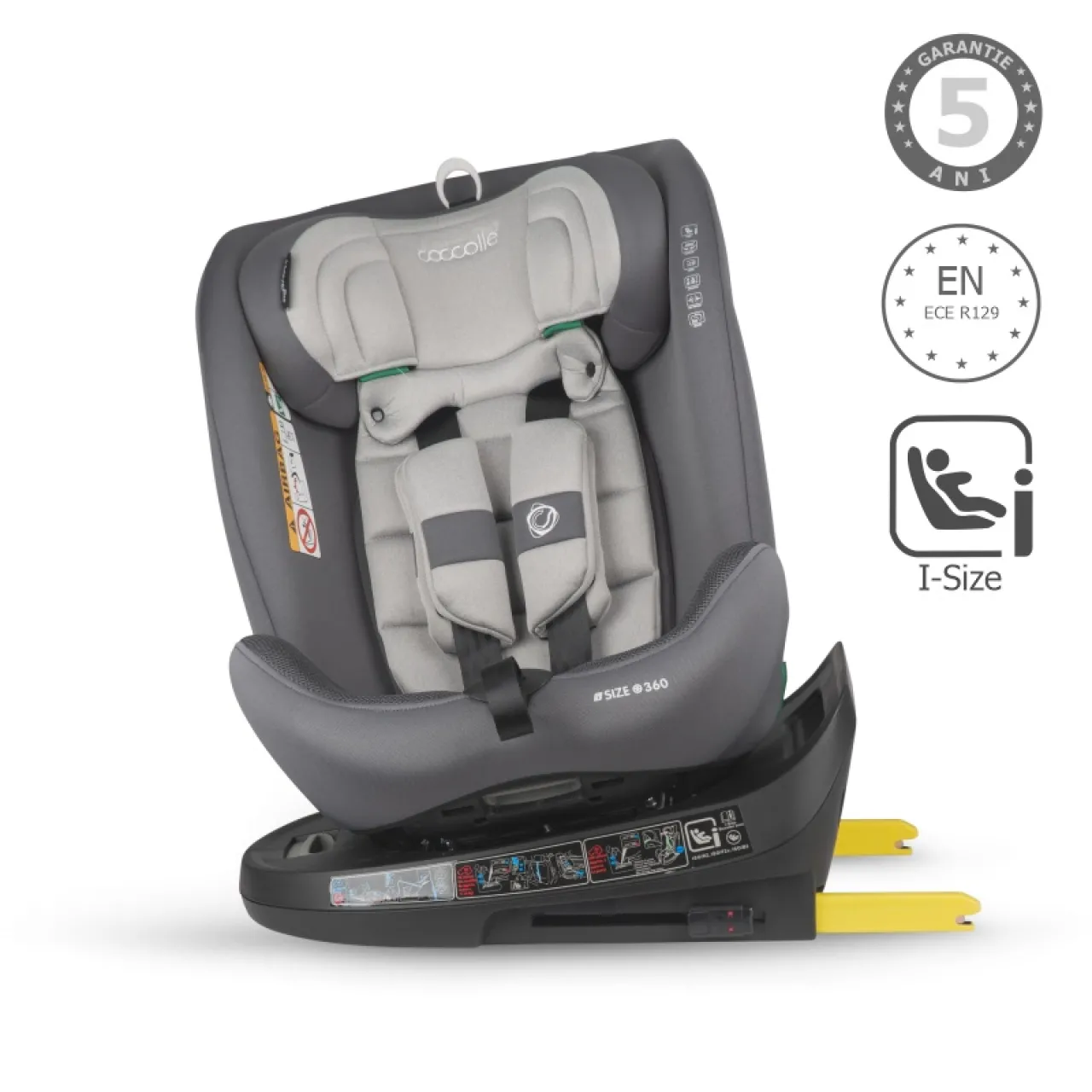 Rotating i-Size car seat with Isofix Coccolle Nova, 40-150 cm, 0-12 ani, approved R129, Top Tether, Newborn insert, Adjustable headrest, Pozitie de somn, Moonlit Grey