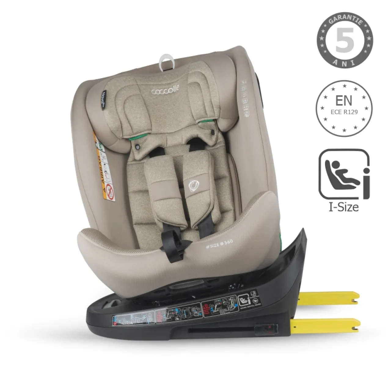 Rotating i-Size car seat with Isofix Coccolle Nova, 40-150 cm, 0-12 ani, approved R129, Top Tether, Newborn insert, Adjustable headrest, Pozitie de somn, Sand Beige