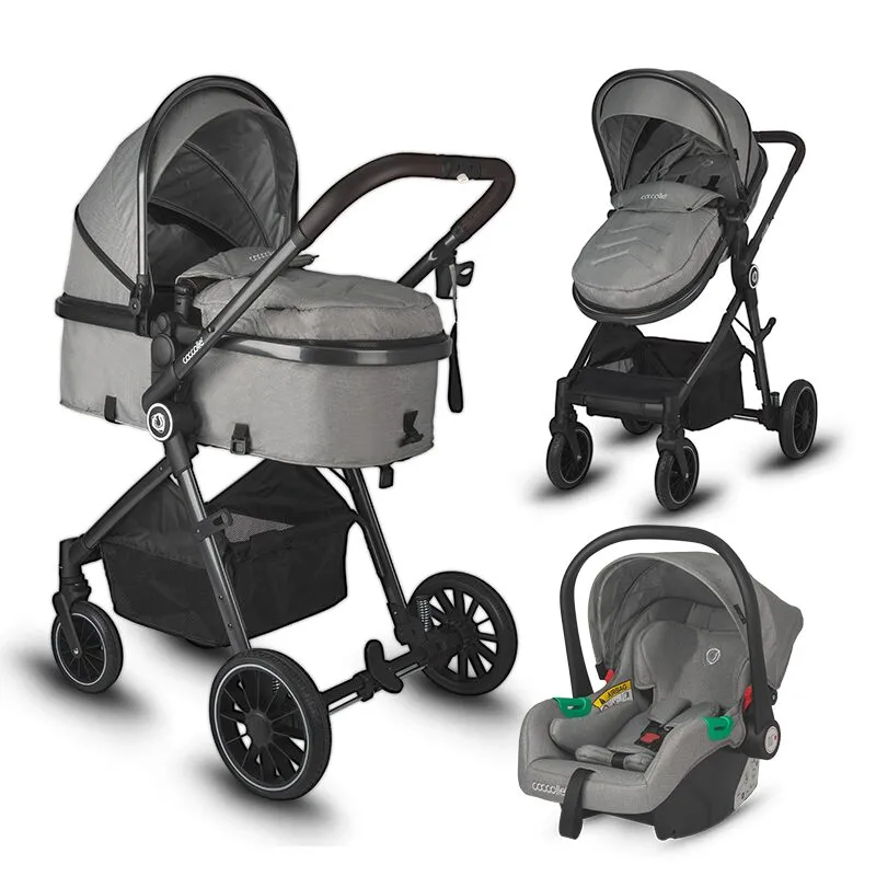 3-in-1 stroller with convertible bassinet Coccolle Ago, Aluminium frame, Foldable, Rubber wheels, Reversible seat unit, XXL canopy, Footmuff and ploaie, Insect net, Bottle holder, Bassinet mattress, R129 i-Size certified infant car seat, Neutral Grey