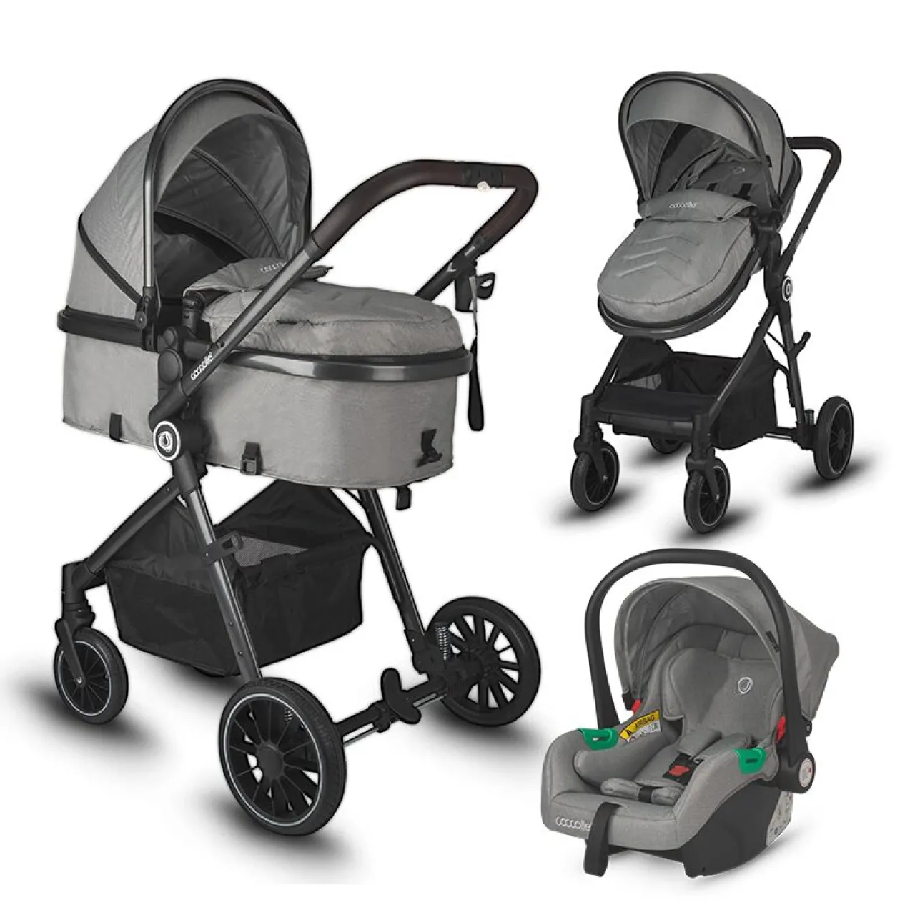 3-in-1 stroller with convertible bassinet Coccolle Ago, Aluminium frame, Foldable, Rubber wheels, Reversible seat unit, XXL canopy, Footmuff and ploaie, Insect net, Bottle holder, Bassinet mattress, R129 i-Size certified infant car seat, Neutral Grey