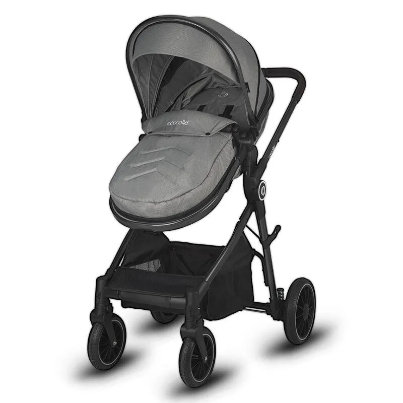 3-in-1 stroller with convertible bassinet Coccolle Ago, Aluminium frame, Foldable, Rubber wheels, Reversible seat unit, XXL canopy, Footmuff and ploaie, Insect net, Bottle holder, Bassinet mattress, R129 i-Size certified infant car seat, Neutral Grey