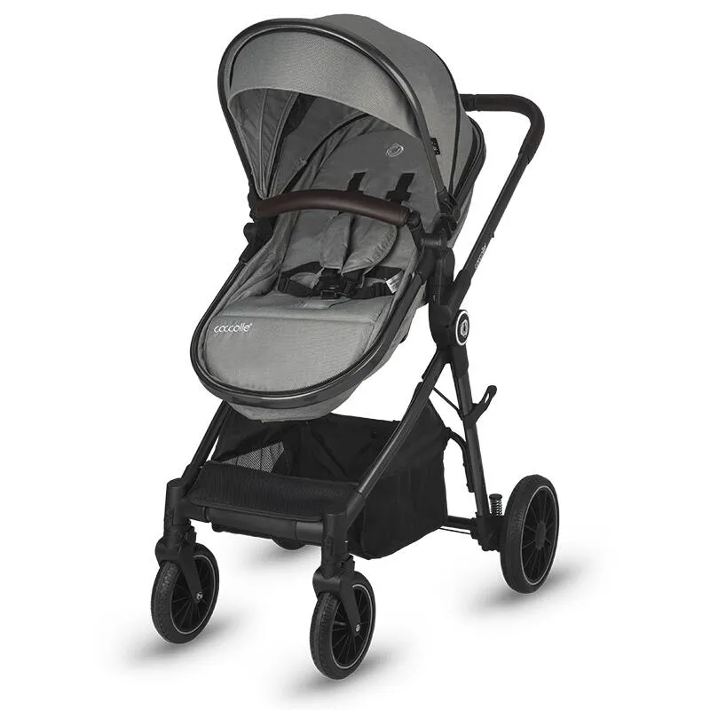 3-in-1 stroller with convertible bassinet Coccolle Ago, Aluminium frame, Foldable, Rubber wheels, Reversible seat unit, XXL canopy, Footmuff and ploaie, Insect net, Bottle holder, Bassinet mattress, R129 i-Size certified infant car seat, Neutral Grey