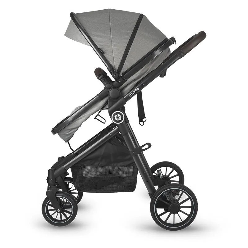 3-in-1 stroller with convertible bassinet Coccolle Ago, Aluminium frame, Foldable, Rubber wheels, Reversible seat unit, XXL canopy, Footmuff and ploaie, Insect net, Bottle holder, Bassinet mattress, R129 i-Size certified infant car seat, Neutral Grey