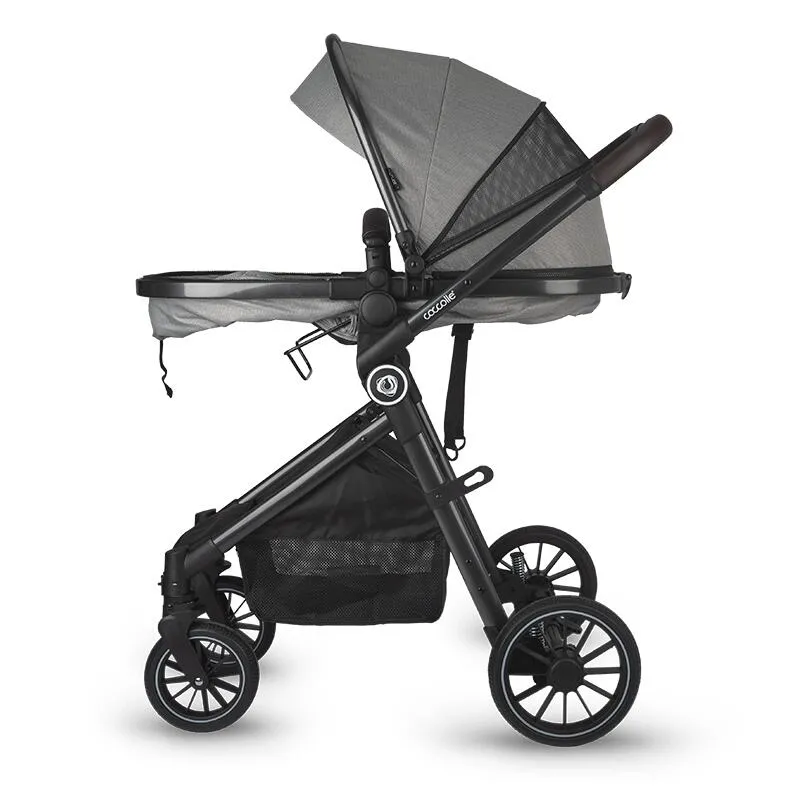 3-in-1 stroller with convertible bassinet Coccolle Ago, Aluminium frame, Foldable, Rubber wheels, Reversible seat unit, XXL canopy, Footmuff and ploaie, Insect net, Bottle holder, Bassinet mattress, R129 i-Size certified infant car seat, Neutral Grey