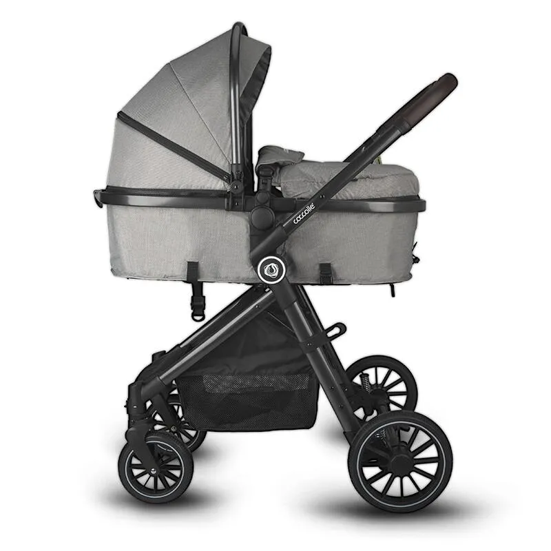 3-in-1 stroller with convertible bassinet Coccolle Ago, Aluminium frame, Foldable, Rubber wheels, Reversible seat unit, XXL canopy, Footmuff and ploaie, Insect net, Bottle holder, Bassinet mattress, R129 i-Size certified infant car seat, Neutral Grey