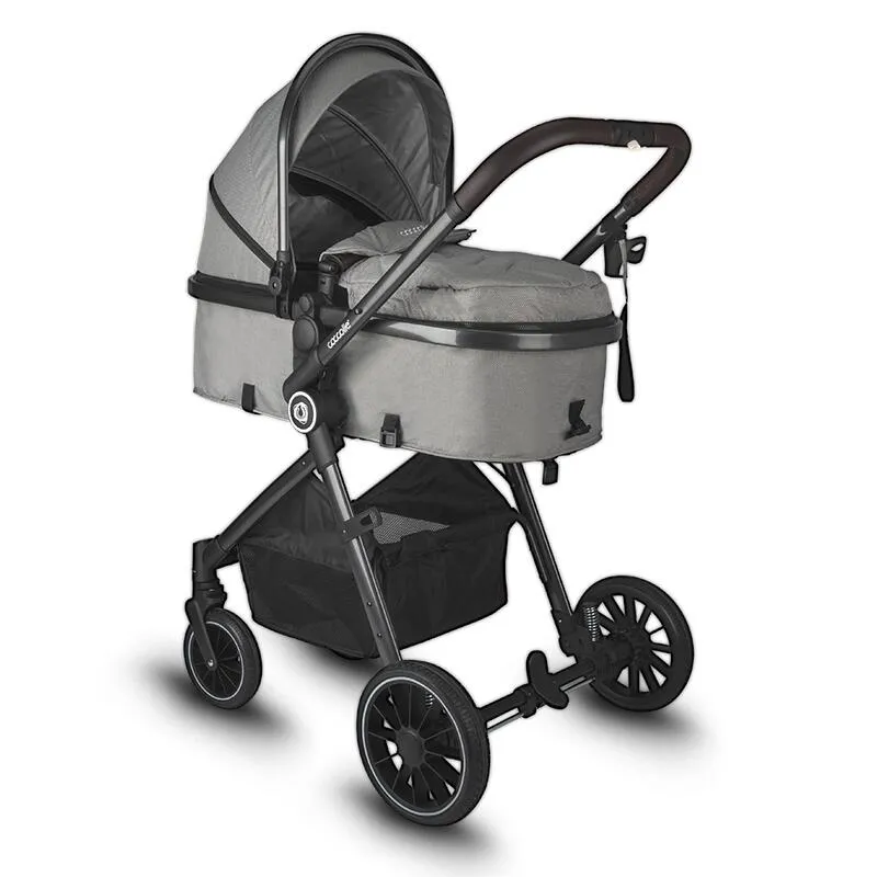 3-in-1 stroller with convertible bassinet Coccolle Ago, Aluminium frame, Foldable, Rubber wheels, Reversible seat unit, XXL canopy, Footmuff and ploaie, Insect net, Bottle holder, Bassinet mattress, R129 i-Size certified infant car seat, Neutral Grey