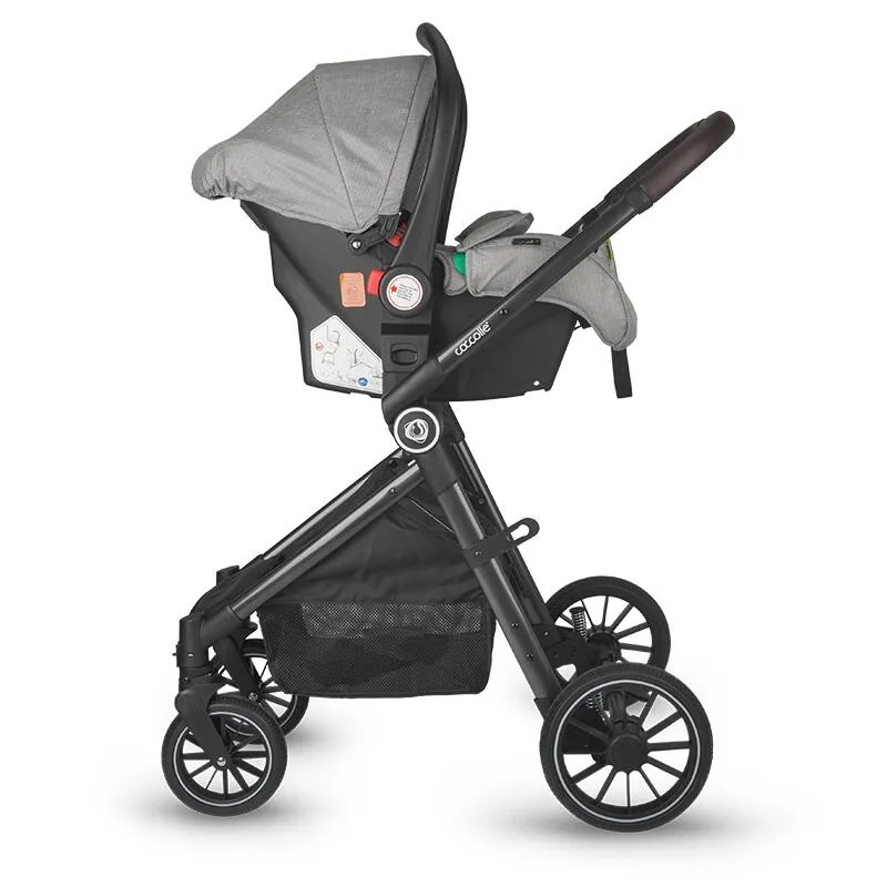 3-in-1 stroller with convertible bassinet Coccolle Ago, Aluminium frame, Foldable, Rubber wheels, Reversible seat unit, XXL canopy, Footmuff and ploaie, Insect net, Bottle holder, Bassinet mattress, R129 i-Size certified infant car seat, Neutral Grey