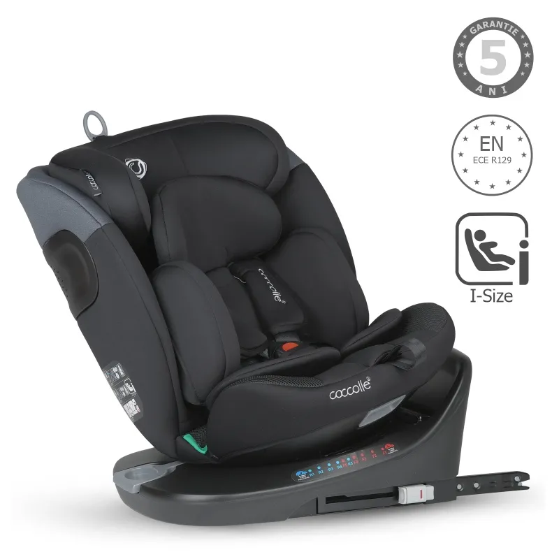 Rotating i-Size car seat with Isofix Coccolle Atira R129, 40-150 cm, 0-36 kg, Top Tether, 5-point harness, Pozitie de somn, Adjustable headrest, Reinforced shell, Memory foam, Diamond Black