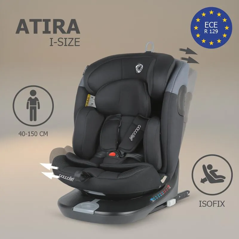 Rotating i-Size car seat with Isofix Coccolle Atira R129, 40-150 cm, 0-36 kg, Top Tether, 5-point harness, Pozitie de somn, Adjustable headrest, Reinforced shell, Memory foam, Diamond Black