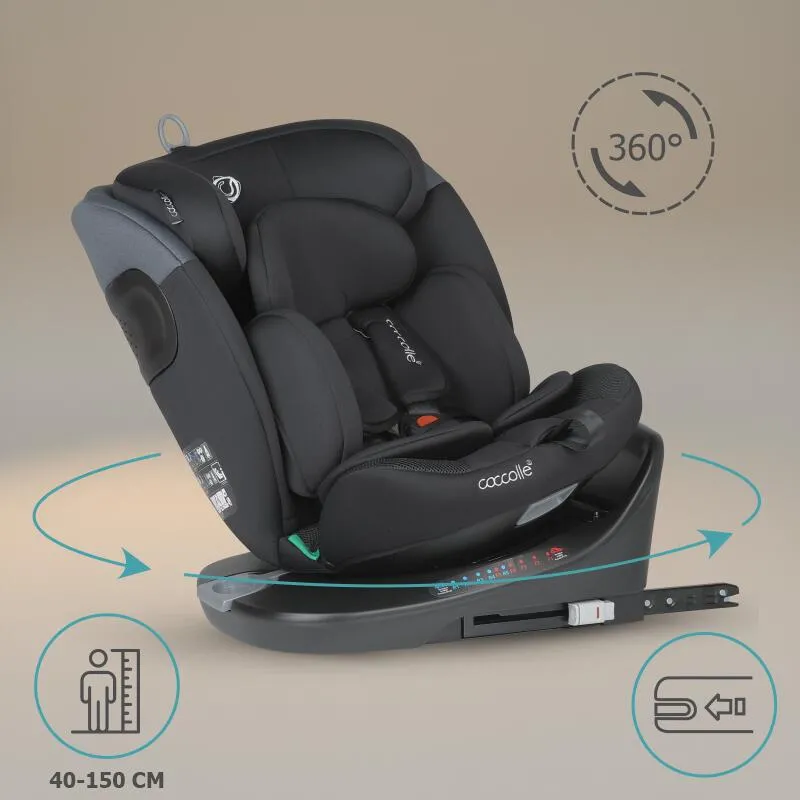 Rotating i-Size car seat with Isofix Coccolle Atira R129, 40-150 cm, 0-36 kg, Top Tether, 5-point harness, Pozitie de somn, Adjustable headrest, Reinforced shell, Memory foam, Diamond Black