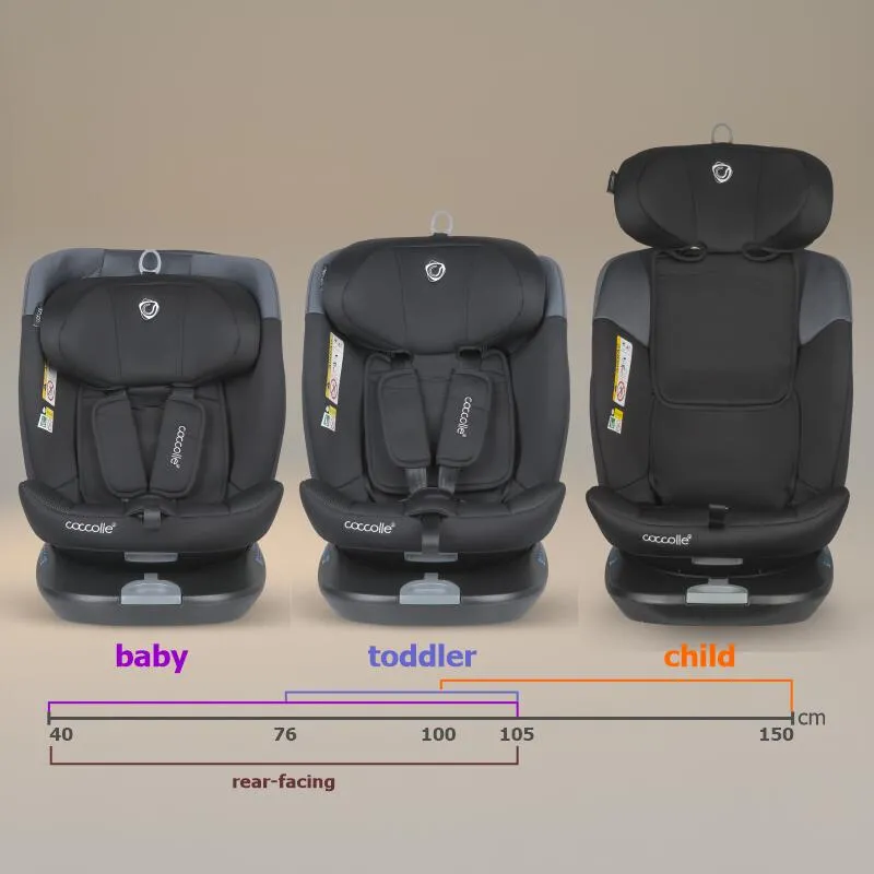 Rotating i-Size car seat with Isofix Coccolle Atira R129, 40-150 cm, 0-36 kg, Top Tether, 5-point harness, Pozitie de somn, Adjustable headrest, Reinforced shell, Memory foam, Diamond Black