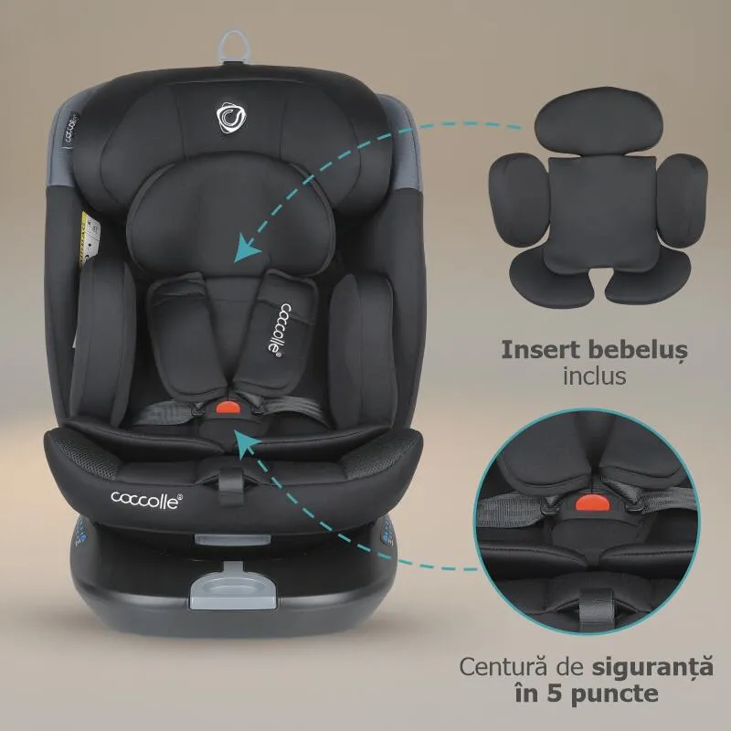 Rotating i-Size car seat with Isofix Coccolle Atira R129, 40-150 cm, 0-36 kg, Top Tether, 5-point harness, Pozitie de somn, Adjustable headrest, Reinforced shell, Memory foam, Diamond Black