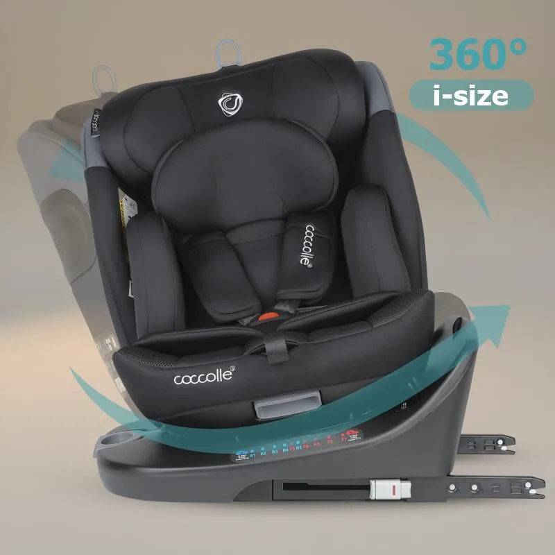 Rotating i-Size car seat with Isofix Coccolle Atira R129, 40-150 cm, 0-36 kg, Top Tether, 5-point harness, Pozitie de somn, Adjustable headrest, Reinforced shell, Memory foam, Diamond Black