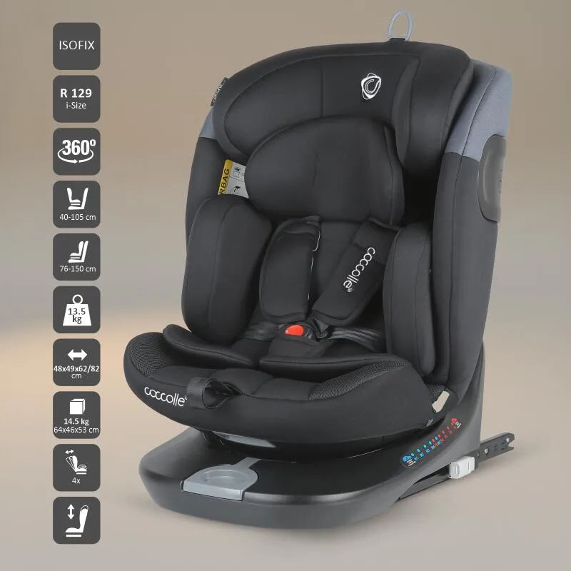 Rotating i-Size car seat with Isofix Coccolle Atira R129, 40-150 cm, 0-36 kg, Top Tether, 5-point harness, Pozitie de somn, Adjustable headrest, Reinforced shell, Memory foam, Diamond Black