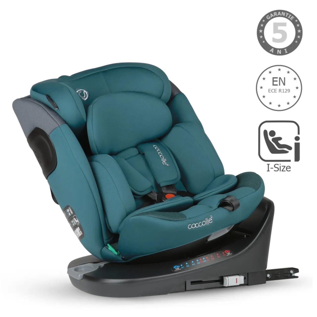 Rotating i-Size car seat with Isofix Coccolle Atira R129, 40-150 cm, 0-36 kg, Top Tether, 5-point harness, Pozitie de somn, Adjustable headrest, Reinforced shell, Memory foam, Hydra Blue
