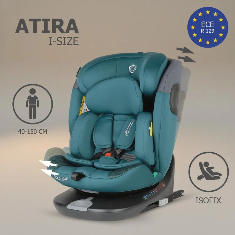 Rotating i-Size car seat with Isofix Coccolle Atira R129, 40-150 cm, 0-36 kg, Top Tether, 5-point harness, Pozitie de somn, Adjustable headrest, Reinforced shell, Memory foam, Hydra Blue