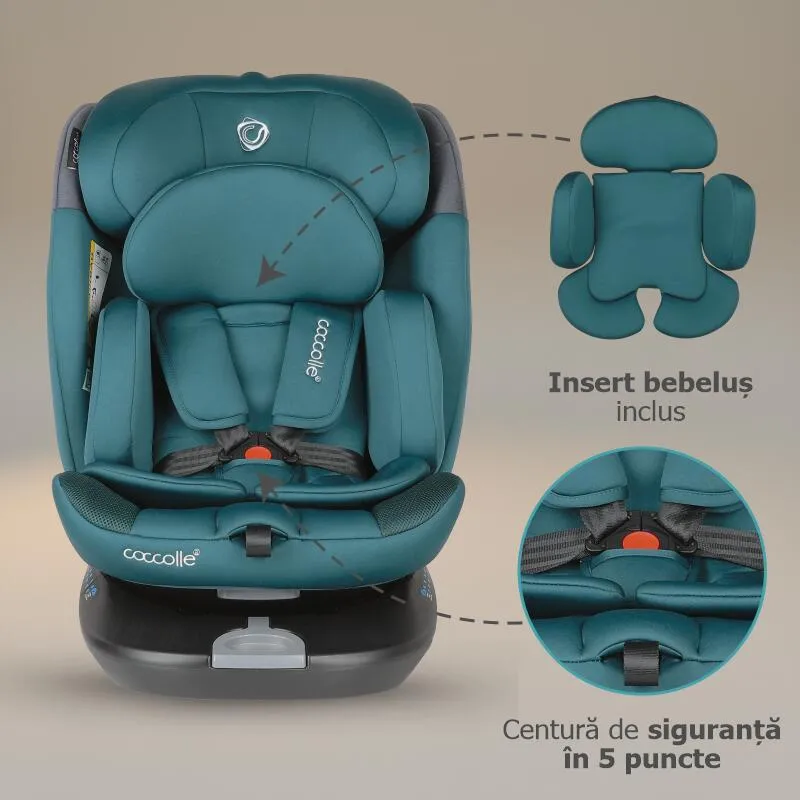 Rotating i-Size car seat with Isofix Coccolle Atira R129, 40-150 cm, 0-36 kg, Top Tether, 5-point harness, Pozitie de somn, Adjustable headrest, Reinforced shell, Memory foam, Hydra Blue