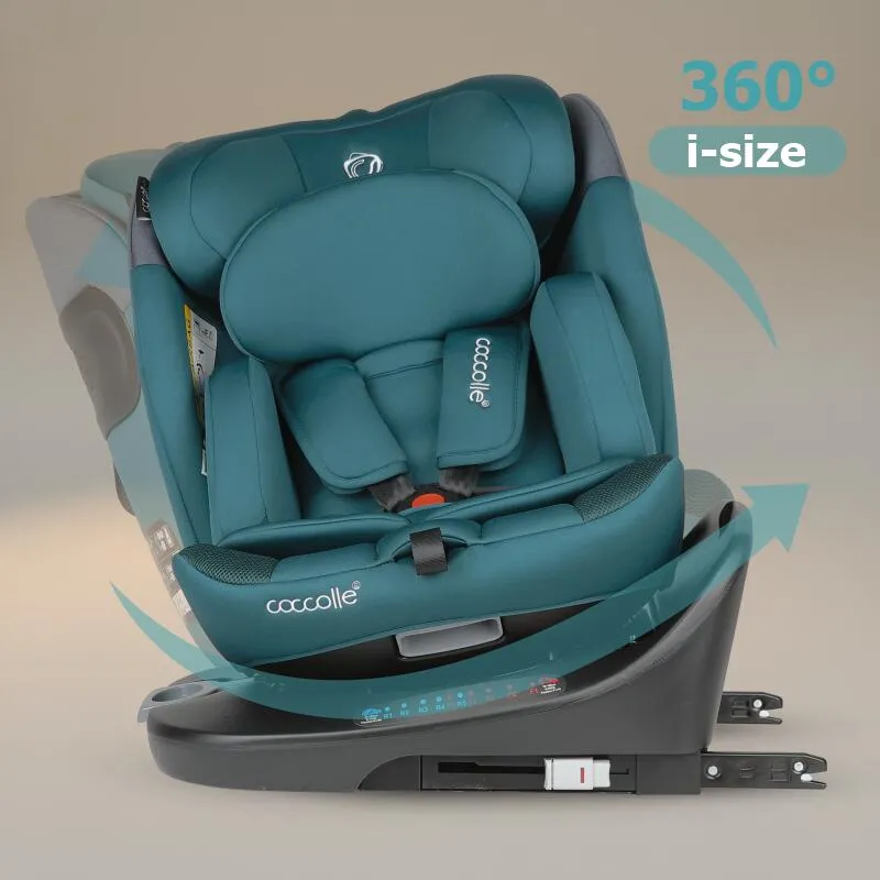 Rotating i-Size car seat with Isofix Coccolle Atira R129, 40-150 cm, 0-36 kg, Top Tether, 5-point harness, Pozitie de somn, Adjustable headrest, Reinforced shell, Memory foam, Hydra Blue