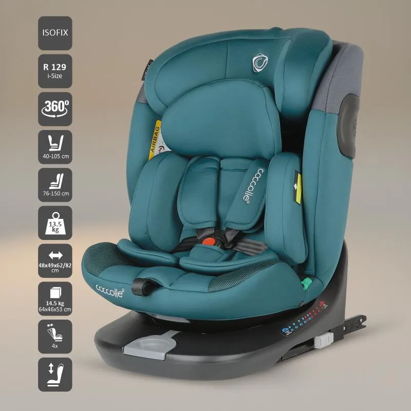Rotating i-Size car seat with Isofix Coccolle Atira R129, 40-150 cm, 0-36 kg, Top Tether, 5-point harness, Pozitie de somn, Adjustable headrest, Reinforced shell, Memory foam, Hydra Blue