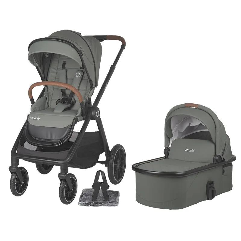 Carucior modular 2 in 1 Coccolle Aspen Premium Line, Pliabil, Roti detasabile, Suspensii, Spatar reglabil, Copertina XXL, Husa de picioruse si ploaie, Standard de siguranta EN 1888, Moss green