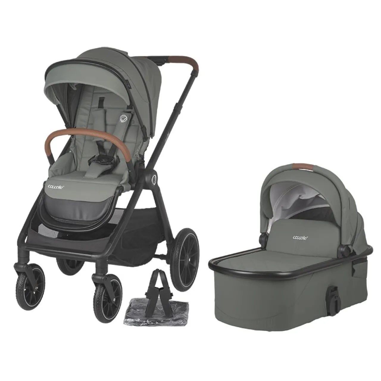 Modular 2-in-1 stroller Coccolle Aspen Premium Line, Foldable, Detachable wheels, Suspension, Adjustable backrest, XXL canopy, Footmuff and ploaie, EN 1888 safety standard, Moss Green